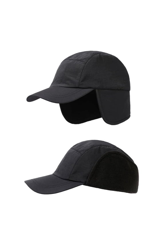 [1 Pack] Winter Hat with Visor Ear Flaps, Waterproof Fleece Lined Baseball Cap for Men Women Outdoor Warm, Black