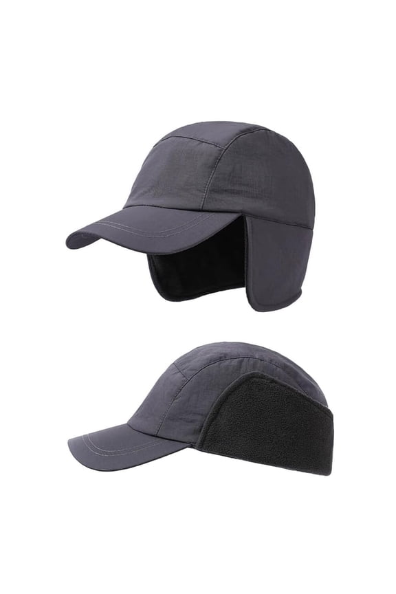 [1 Pack] Winter Hat with Visor Ear Flaps, Waterproof Fleece Lined Baseball Cap for Men Women Outdoor Warm, Gray