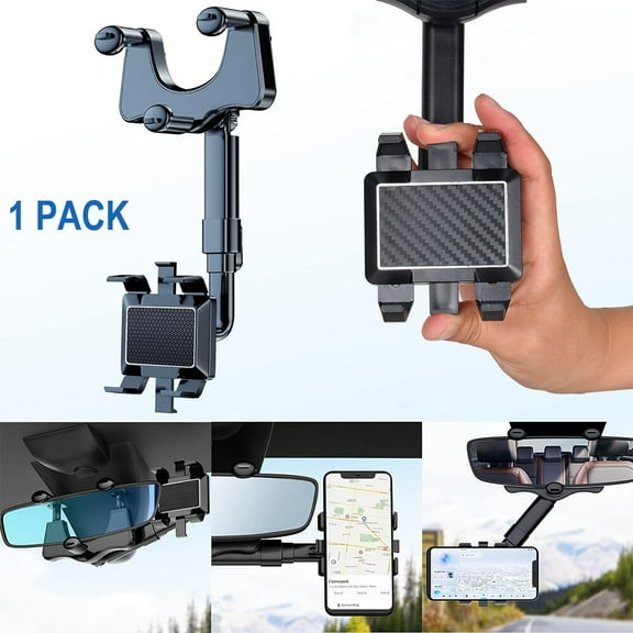 ASTRAEA 1P Universal Rearview Mirror Phone Holder for Car, 360° Rotating & Retractable Rear View Mirror Phone Mount, Anti-Shake Suitable for All Phone Models, Black