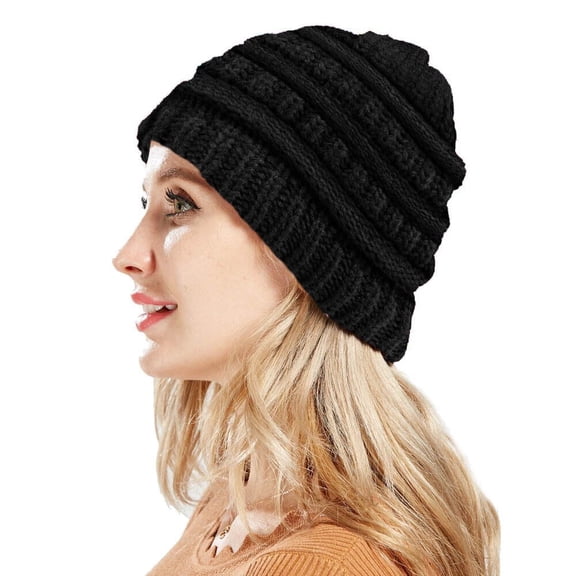 ASTRAEA 1Pcs Winter Beanie Hat with Ponytail Hole, Soft Warm Messy Bun Knit Skull Cap for Women, Black