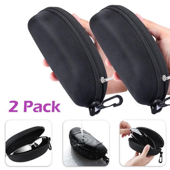 ASTRAEA 2-Pack Sunglasses Hard Case with Zipper, Waterproof Portable Travel Glasses Case with Hook for Men Women, Black