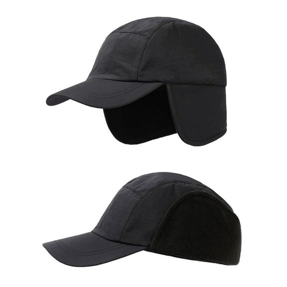 ASTRAEA [2 Pack] Winter Hat with Visor Ear Flaps, Waterproof Fleece Lined Baseball Cap for Men Women Outdoor Warm, Black