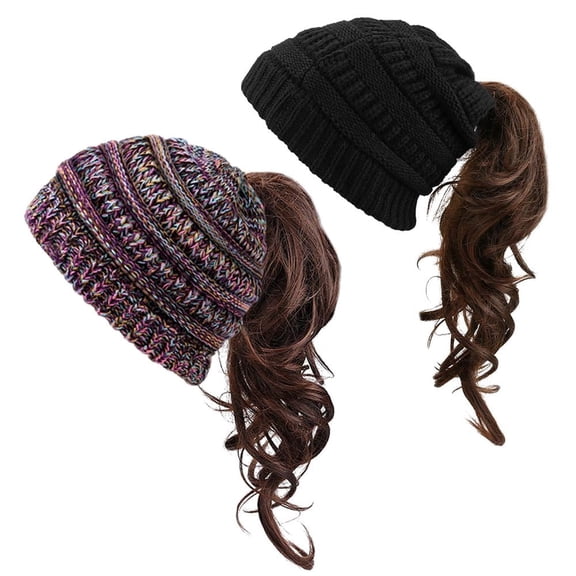 ASTRAEA 2Pcs Winter Beanie Hat with Ponytail Hole, Soft Warm Messy Bun Knit Skull Cap for Women