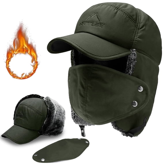 ASTRAEA 3 in 1 Winter Trapper Hat for Men Women, Windproof Trooper Hunting Russian Fur Hat with Ear Flap Mask, Aviator Ushanka for Cold Weather, Green