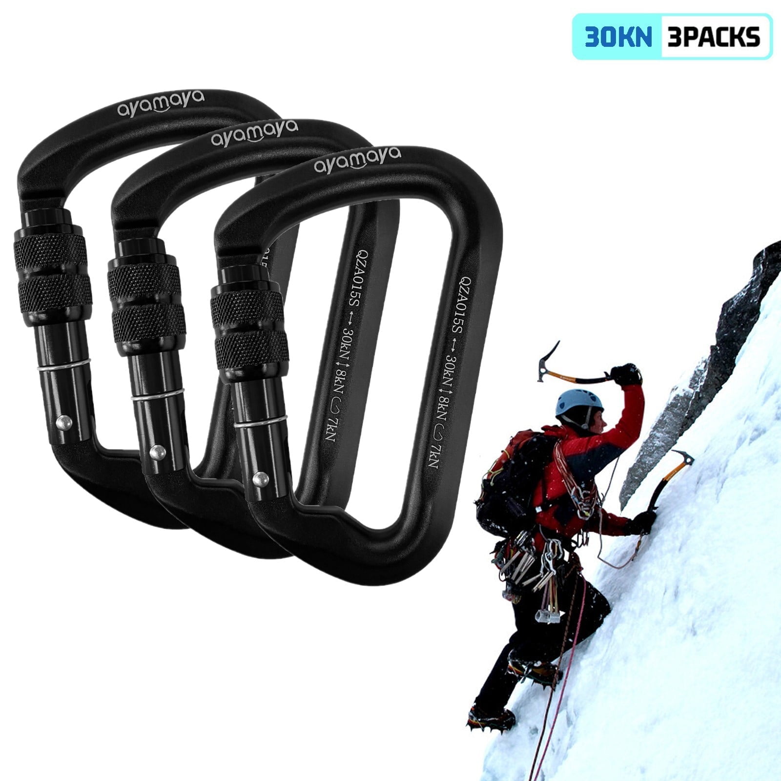 ASTRAEA 3Pack Screwgate Locking Carabiner D Shape Hook, 30KN Aluminum Alloy Outdoor Sport Tools for Climbing Caving, Black