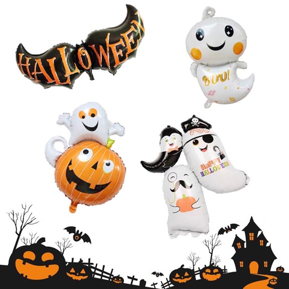 ASTRAEA 4Pcs Halloween Foil Balloons Set, Includes Ghost Bat Pumpkin Designs Balloons for Spooky Halloween Party Decoration