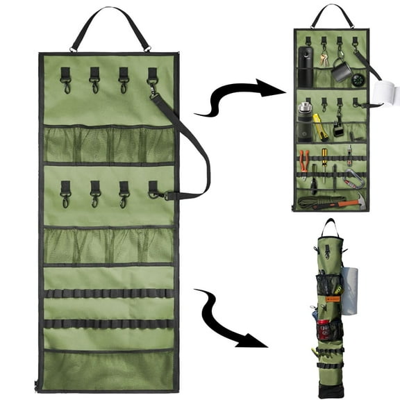ASTRAEA Camping Hanging Organizer, One-Piece Tent Storage Bag with Campsite Storage Straps & Mesh Pockets & Hanging Hooks for Camping RV Camper Picnic, Green