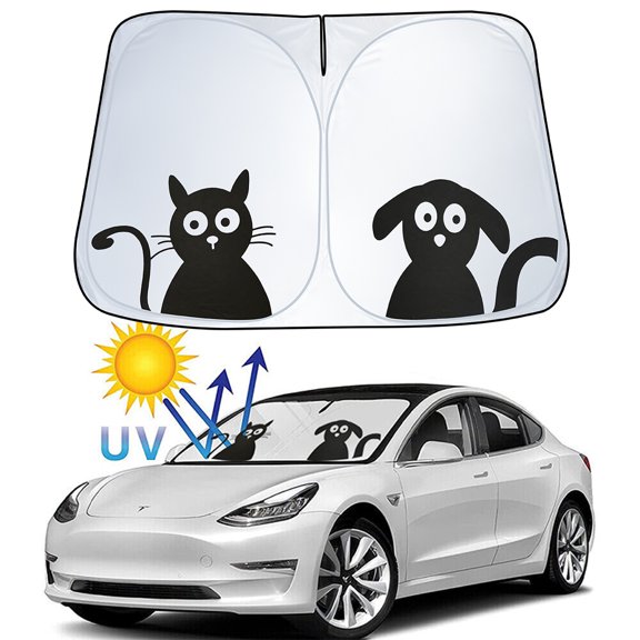 ASTRAEA Car Windshield Sunshade with Pet Design for Tesla Model Y/3, UV Protection Folding Front Window Sun Shade Cover for Tesla Model 3/Y 2016 to 2025 with Mirror Cut-Out, Cat & Dog