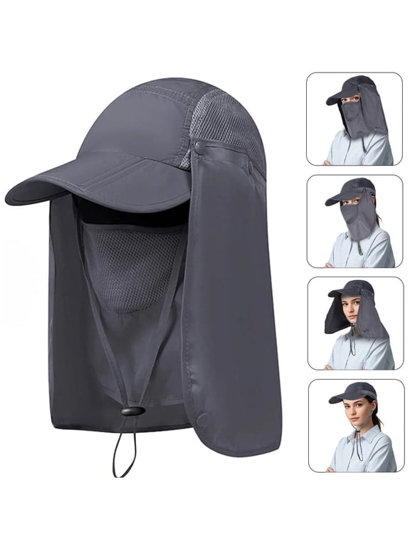 Foldable Fishing Sun Hat with Neck Flap & Face Cover, UPF 50+ Wide Brim UV Protection Baseball Cap for Men Women Hiking Outdoor Work, Gray