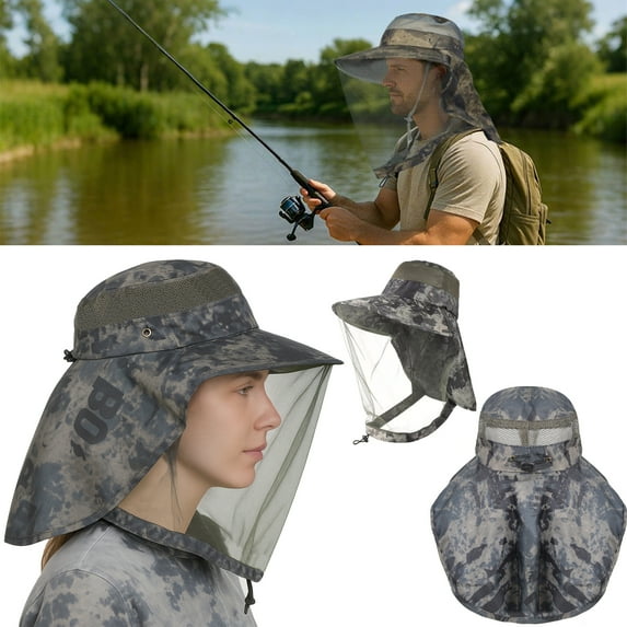 ASTRAEA Mosquito Head Net Hat with Neck Flap, Wide Brim Sun Hat UPF 50+ UV Protection Safari Cap for Men Women Outdoor Fishing Hiking Gardening, Camouflage Green