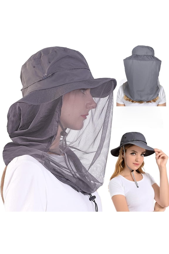 Mosquito Head Net Hat, Safari Sun Hat with Netting Net Mesh, UPF 50+ Sun Protection for Beekeeping Hiking Fishing Men & Women, Gray