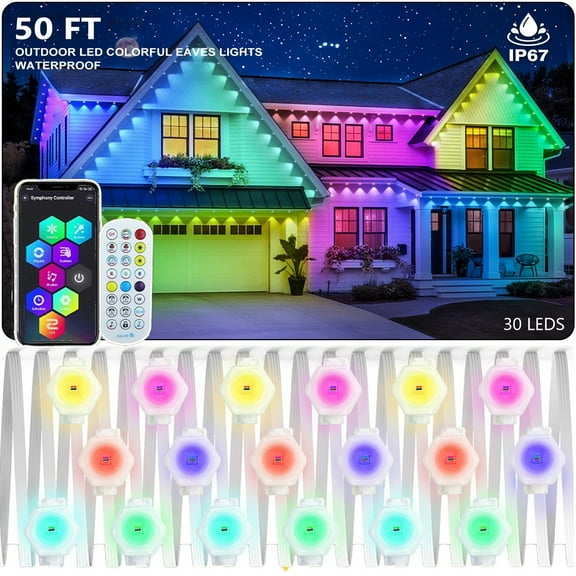 ASTRAEA Permanent Outdoor Lights, 50FT RGB Color Changing Smart Eave Lights with 30 LED Lights, IP67 Waterproof for House Holiday Party Decor, White