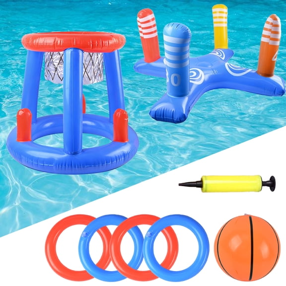ASTRAEA Pool Toys Games Set, Fun Floating Basketball Hoop & Inflatable Cross Ring Toss Game for Family Pool Party, Swimming Water Toys