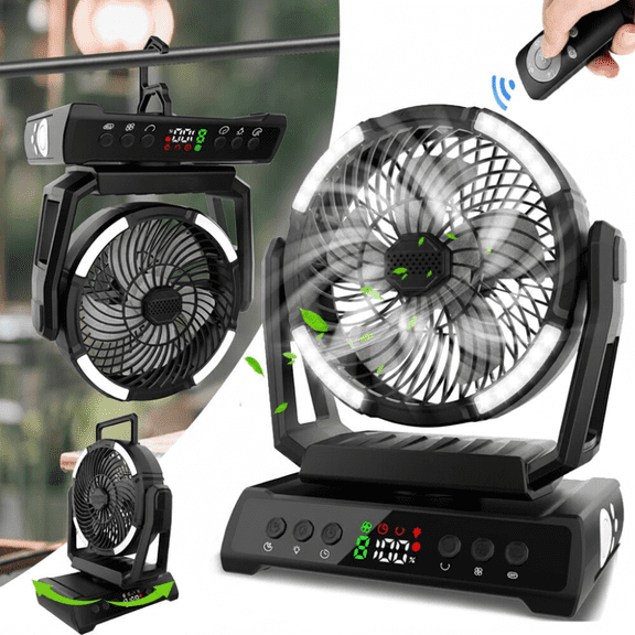 ASTRAEA Portable Camping Fan, 20000mAh Battery Powered Tent Fan with Light & Remote for Indoor Outdoor Tent Travel Fishing, Black