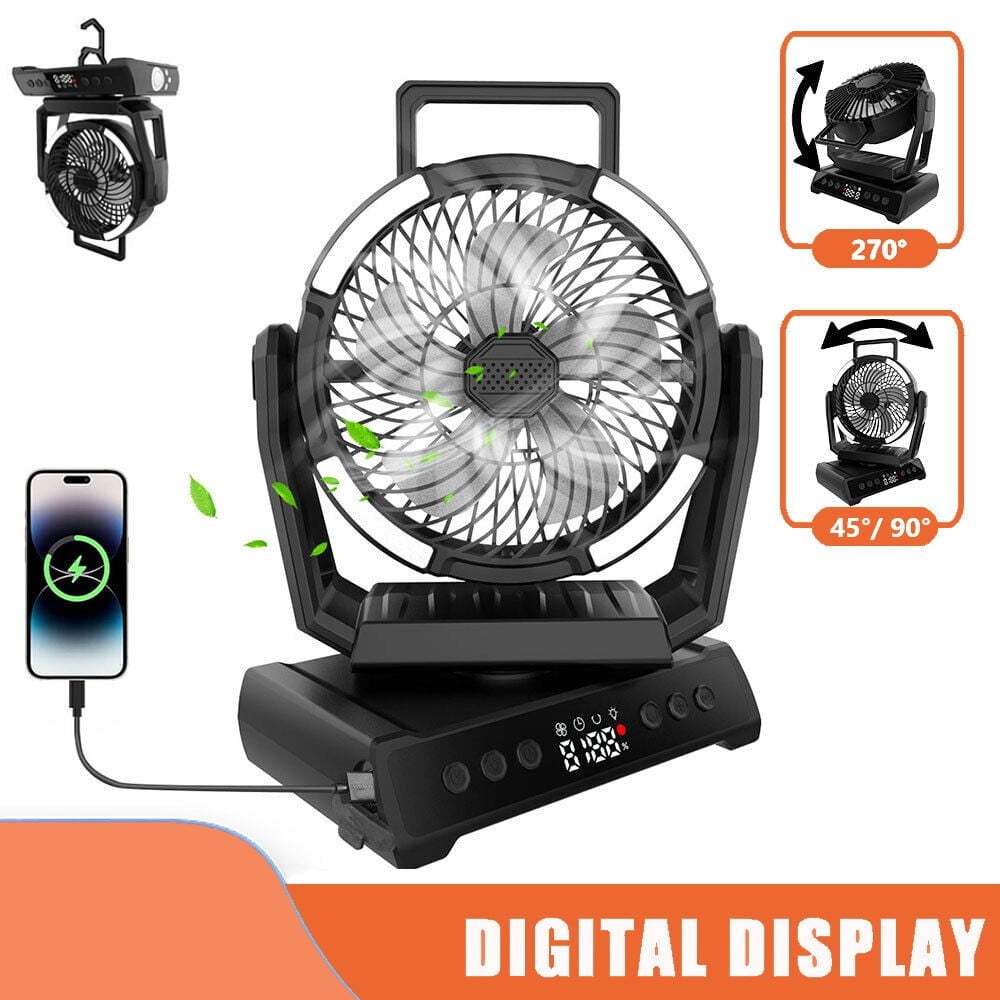 ASTRAEA Portable Camping Fan with Light, 20000mAh Rechargeable Battery Powered Tent Fan, 9 Speed Strong Airflow for Outdoor Camping Travel, Black