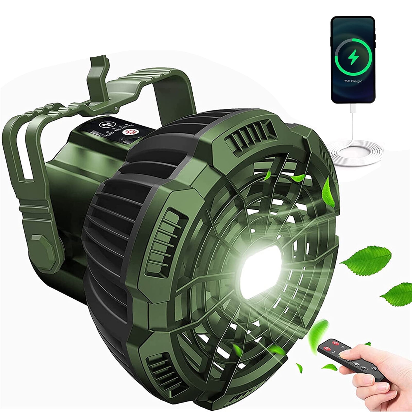 ASTRAEA Rechargeable Camping Tent Fan with LED Light, 7800mAh Portable Camping Lantern Fan Desk Ceilling Fan for Car Office Hurricane Emergency Survival, Green