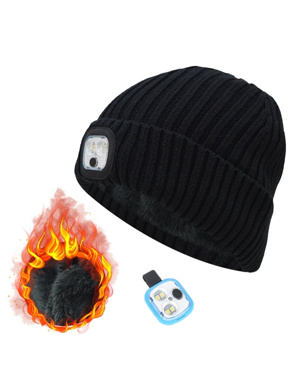 Unisex LED Beanie Hat, Rechargeable Headlamp Cap with Plush Lined, Winter Warm Knitted Hats for Running Campin Biking, Black