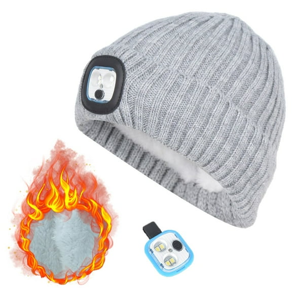 ASTRAEA Unisex LED Beanie Hat, Rechargeable Headlamp Cap with Plush Lined, Winter Warm Knitted Hats for Running Campin Biking, Gray