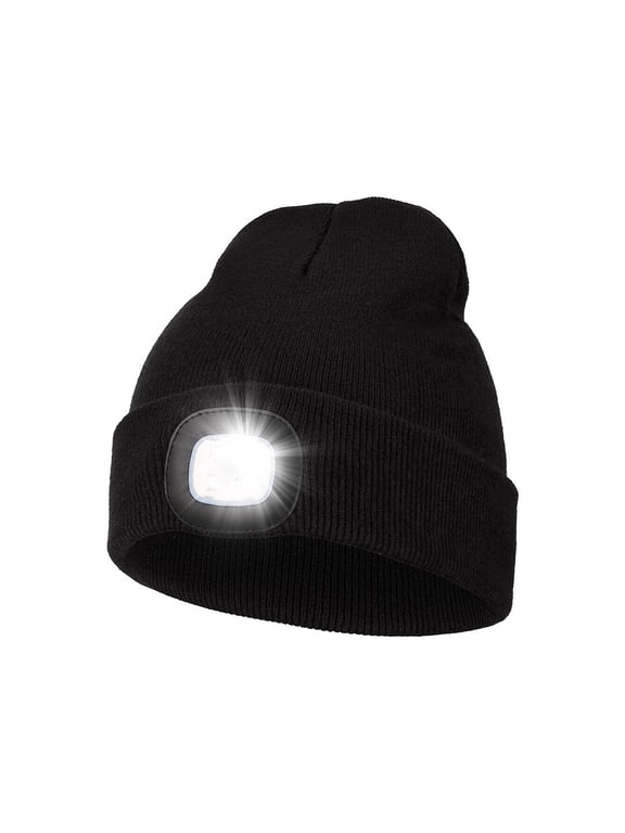Warm Knitted Beanie Hat with LED Light, USB Rechargeable Winter Headlamp Cap for Men Women, Black