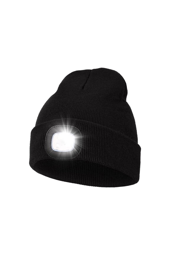 Warm Knitted Beanie Hat with LED Light, USB Rechargeable Winter Headlamp Cap for Men Women, Black