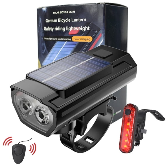 ASTRAEA Waterproof Bike Lights Set, Solar & USB Rechargeable Bicycle Lights with Horn, Ultra Bright Headlight and Back Taillight Set for Night Riding, Easy to Install