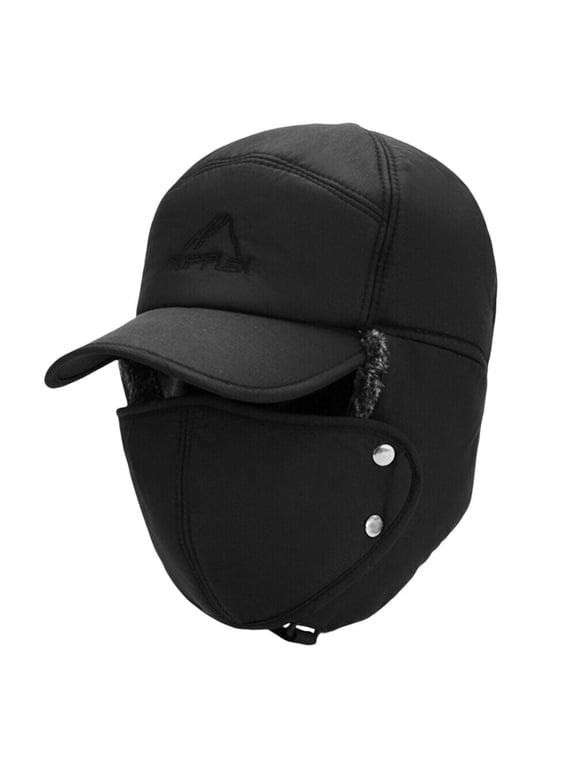Winter Trapper Hat, Windproof Warm Snow Hat with Ear Flaps & Mask for Men Women Skiing Hunting Fishing, Black