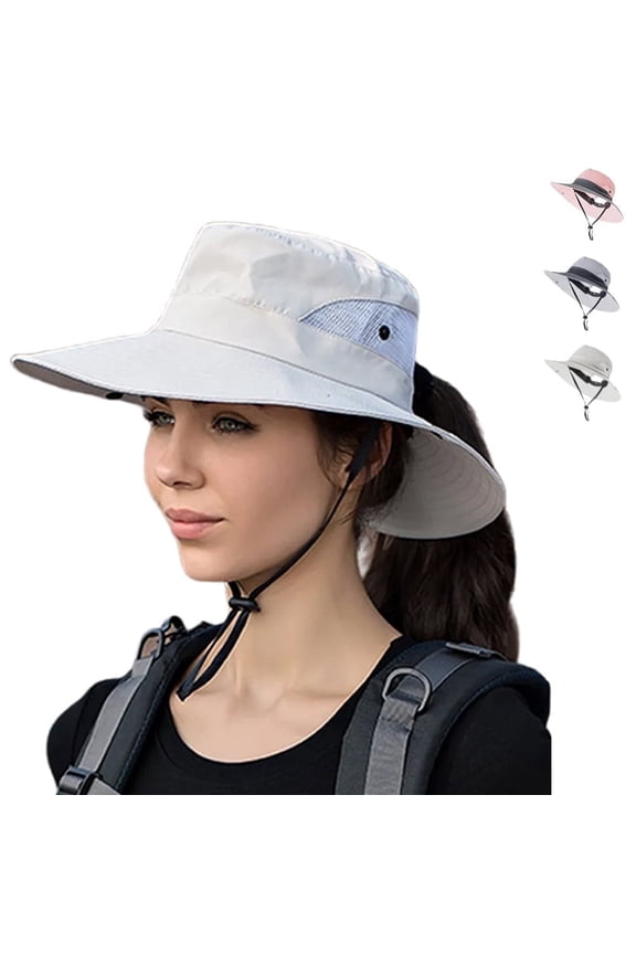 Womens Sun Hat with Ponytail Hole, UV Protection Safari Summer Cap, Foldable Wide Brim Beach Fishing Hat for Outdoor, Beige
