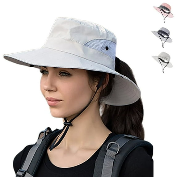 ASTRAEA Womens Sun Hat with Ponytail Hole, UV Protection Safari Summer Cap, Foldable Wide Brim Beach Fishing Hat for Outdoor, Beige