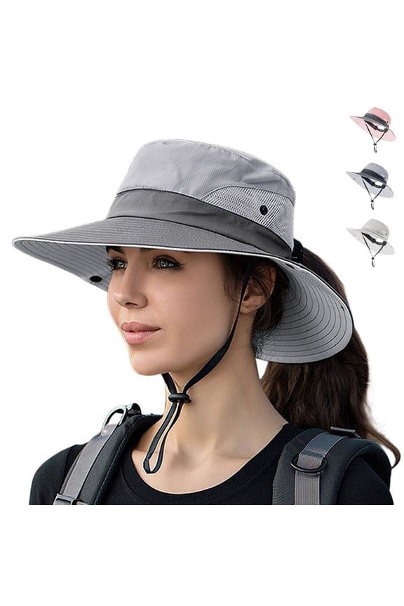 Womens Sun Hat with Ponytail Hole, UV Protection Safari Summer Cap, Foldable Wide Brim Beach Fishing Hat for Outdoor, Gray