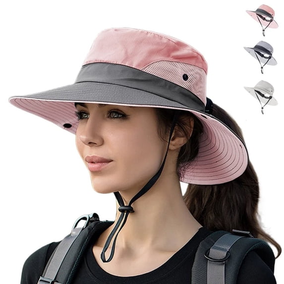 ASTRAEA Womens Sun Hat with Ponytail Hole, UV Protection Safari Summer Cap, Foldable Wide Brim Beach Fishing Hat for Outdoor, Pink