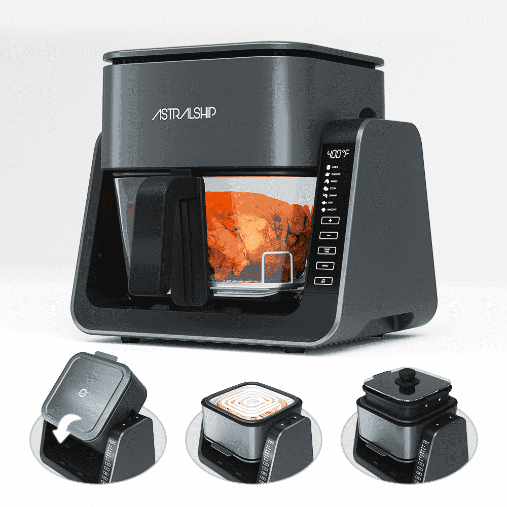 ASTRALSHIP Air Fryer for Countertop, 2‑in‑1 Glass Air Fryer & Grill Pan Combo, 4.2 QT + 1.3 QT, Air Fryer Non Toxic, Digital Presets, Healthy Cooking, Non‑Stick, Multi‑Function for Griddle & Baking
