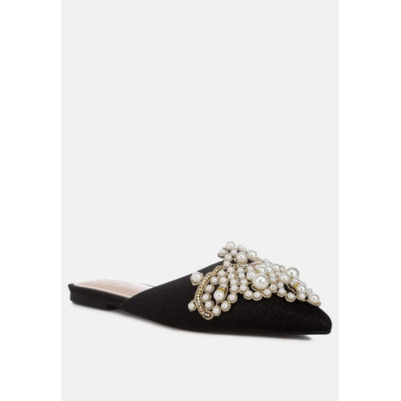 ASTRE Pearl Embellished Shimmer Mules In Black