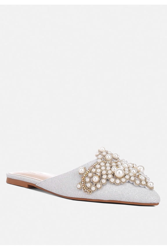 ASTRE Pearl Embellished Shimmer Mules In Silver