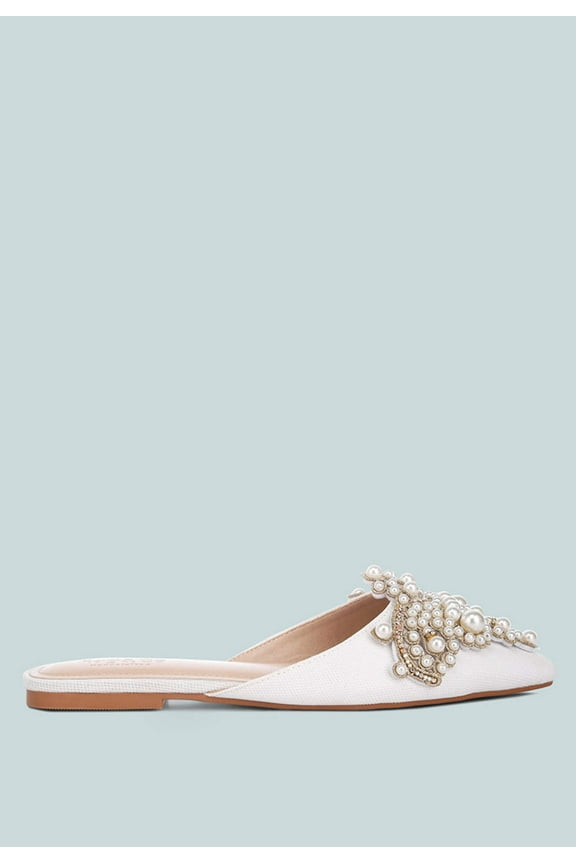 ASTRE Pearl Embellished Shimmer Mules In White