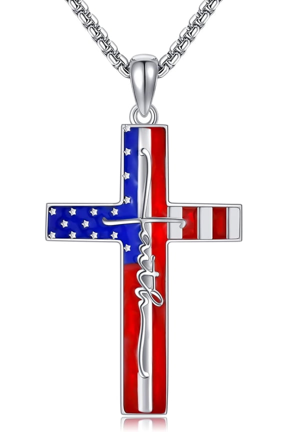 American Flag Cross Necklace 925 Sterling Silver Faith Pendant Necklace USA Patriotic Christian Religious Jewelry Gift for Women Men
