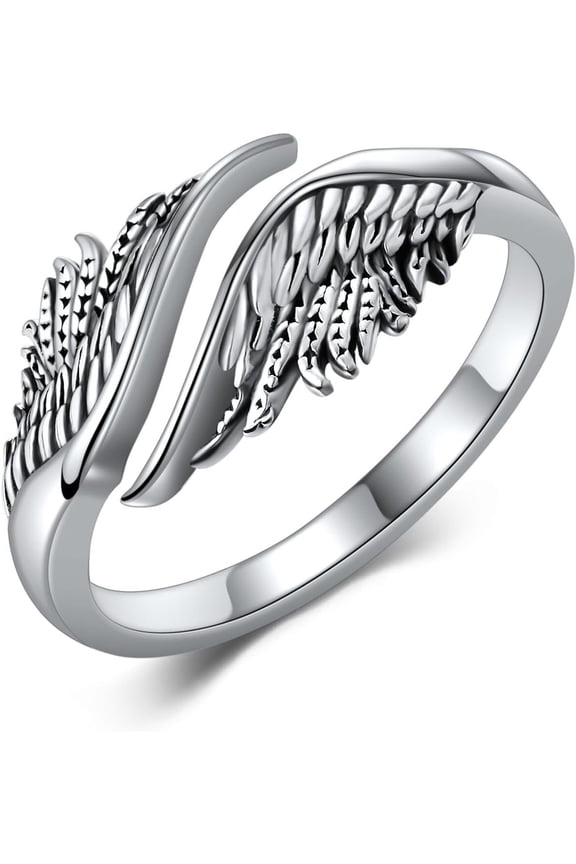 Angel Wing Ring 925 Sterling Silver Feather/Wings/Miscarriage Moonstone Adjustable Spoon Open Ring Memorial Christian Religious Jewelry Gift for Women Mom Grandma