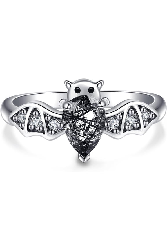 Bat Ring 925 Sterling Silver Bat Moonstone/Natural Black Rutilated Ring Gothic Jewelry Gifts for Women