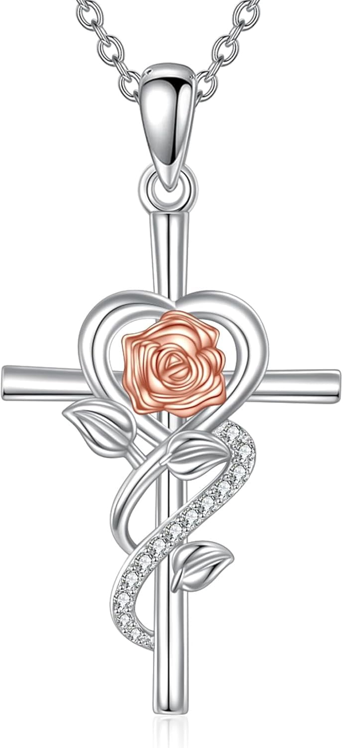 ASTRKIP Cross Necklace Sterling Silver Cross Rose Birth Flower Pendant ...