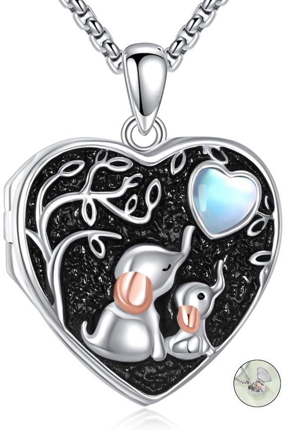 Elephant Locket Necklaces that Hold Pictures 925 Sterling Silver Tree of Life Moonstone Heart Shape Pendant Necklace Mother Daughter Photo Memorial Jewelry Gifts for Women