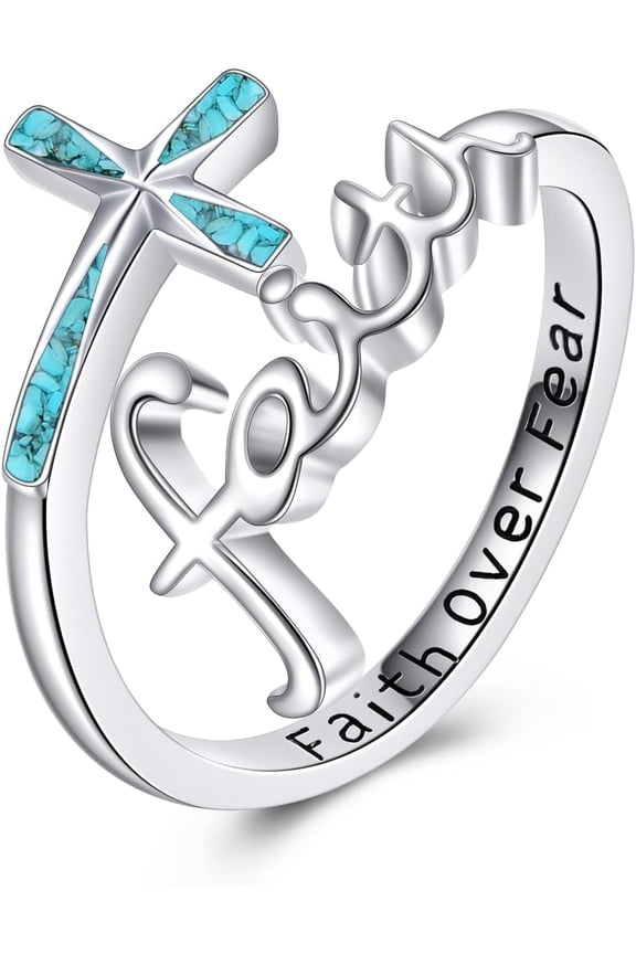 Faith Cross Rings Adjustable 925 Sterling Silver Turquoise Faith Over Fear Cross Rings Christian Religious Jewelry Gifts For Women Men