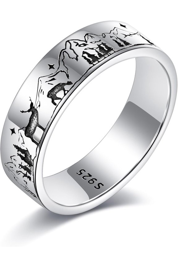 Mountain Ring 925 Sterling Silver Mountain And Animal Inspirational Ring for Women Men Climber Lovers Friends