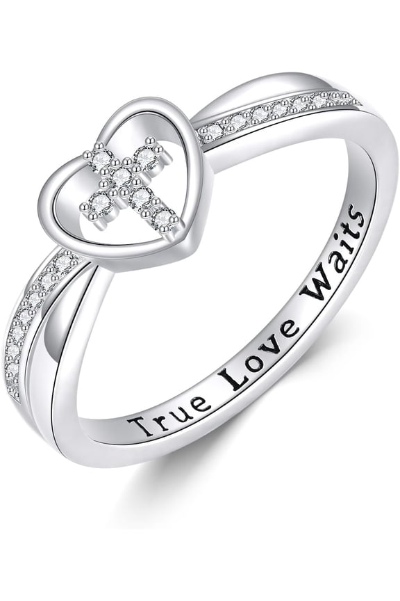 Purity Ring 925 Sterling Silver Heart Cross Ring True Love Waits Christian Faith Religious Jewelry Gifts for Women