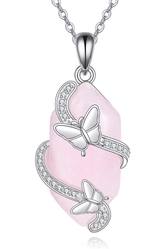 Rose Quartz Necklace 925 Sterling Silver Butterfly Pendant Necklace Pink Crystal Necklace Rose Quartz Jewelry for Women