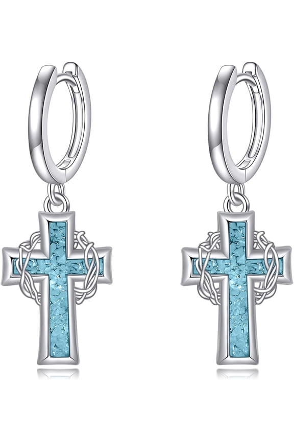 Thorns Cross Earrings S925 Sterling Silver Crown Of Thorns Dangle Drop Hoop Earrings Turquoise Cross Catholic Jewelry Christian Gifts For Men Women