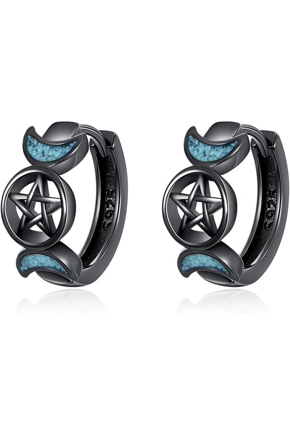 Triple Moon Earrings 925 Sterling Silver Triple Goddess Hoop Earrings Pentacle Pentagram Wiccan Jewelry Gift