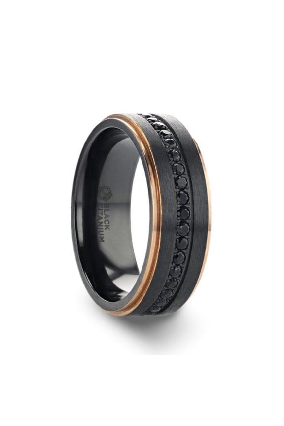 ASTRO Flat Brushed Black Titanium Ring with Rose Gold Plated Edge and Black Sapphire Settings All Around - 8mm