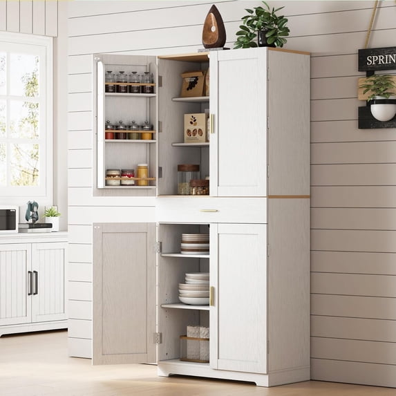 ASTRONAPE 71" Kitchen Pantry Storage Cabinet, 4 Doors Modern Storage Cabinet with a Drawer, Adjustable Shelf and Bottle Storage Shelves for Kitchen, Living Room, Dining Room, White