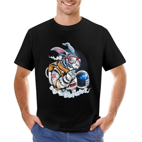 ASTRONAUT RABBIT Vintage T-shirt Mens Cotton Classic Crewneck Short Sleeve Tees Unisex Black S