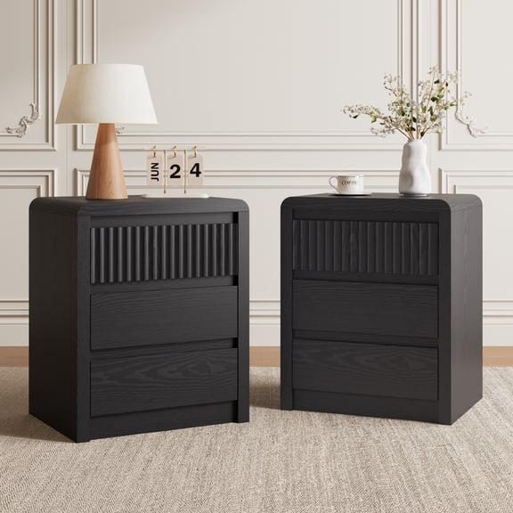 ASTUVIA 3-Tiers Fluted Nightstands Set of 2 for Bedroom, 24.4" H Modern End Table with Curved Profile Design,Black