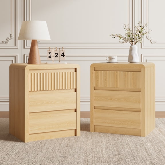 ASTUVIA 3-Tiers Fluted Nightstands Set of 2 for Bedroom, 24.4" H Modern End Table with Curved Profile Design,Natural